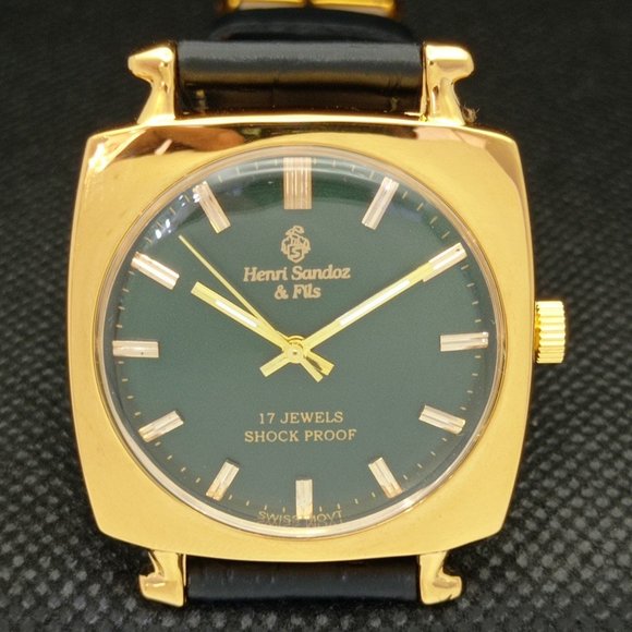 Vintage 1973 Square Henri Sandoz Manual Mens Gold Watch W/Green Face - Picture 4 of 8